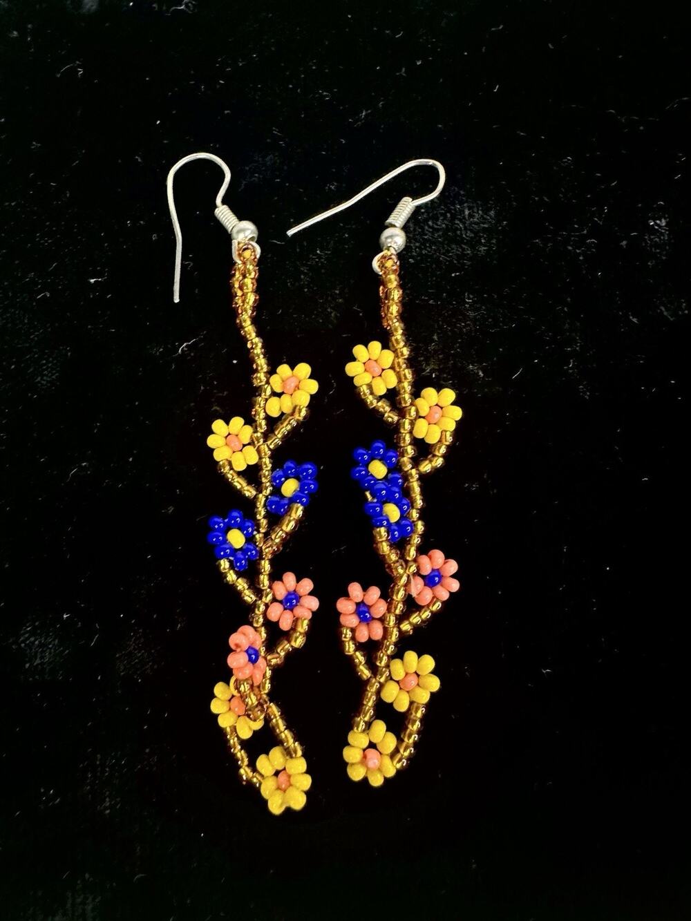 Huichol Bright Beaded Earrings Flowers Ethnic Tribal Handmade Mexican Folk Jewel